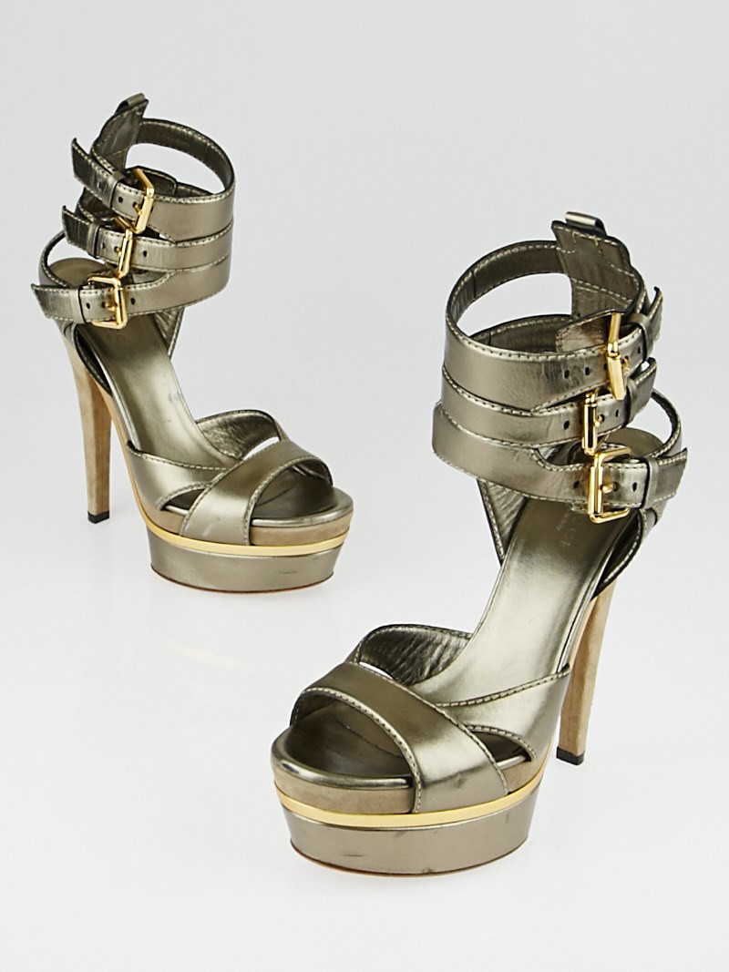 Gucci Bronze Leather Ankle Strap Platform Sandals Size 6 36.5