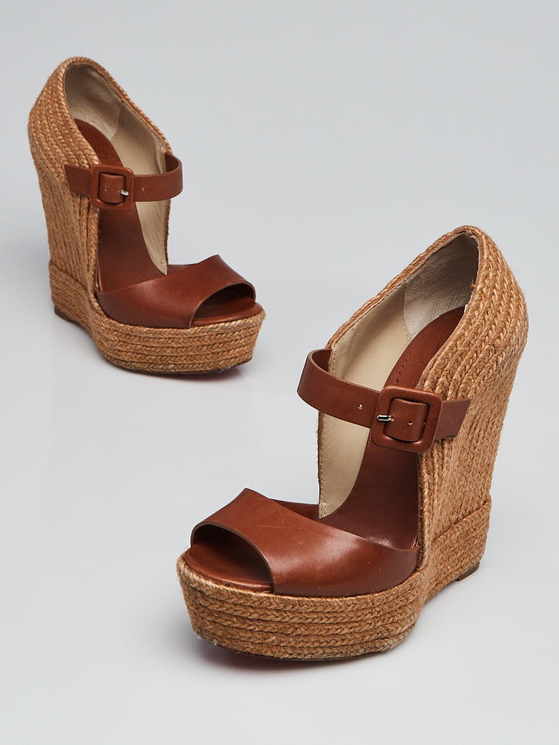 Christian Louboutin Brown Leather and Rope Praia 140 Espadrille Wedges Size 4.5 35