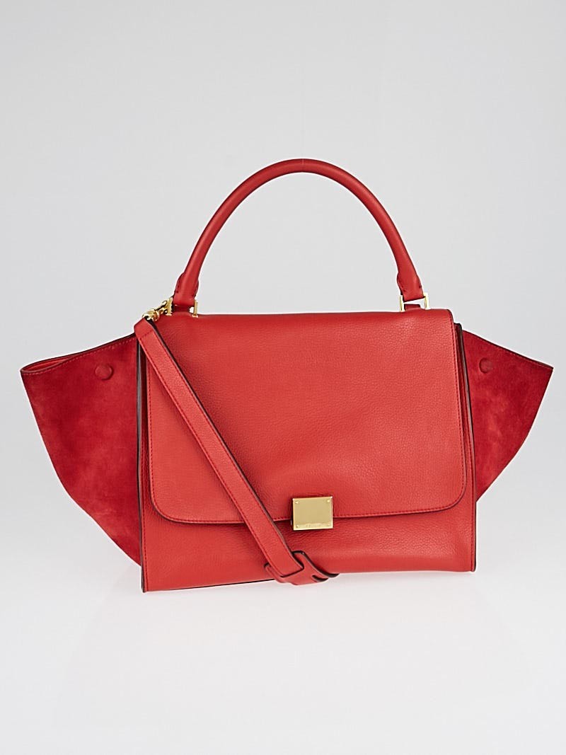 Celine Red Pebbled Calfskin Suede Leather Small Trapeze Bag