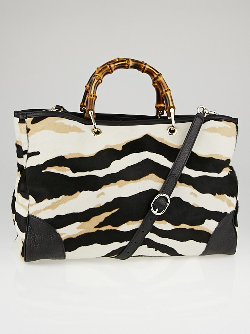 Gucci Black White Natural Pony Hair Tiger Print Large Bamboo Top Handle Bag