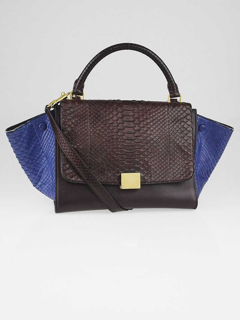 Celine Brown Blue Python and Calfskin Leather Small Trapeze Bag