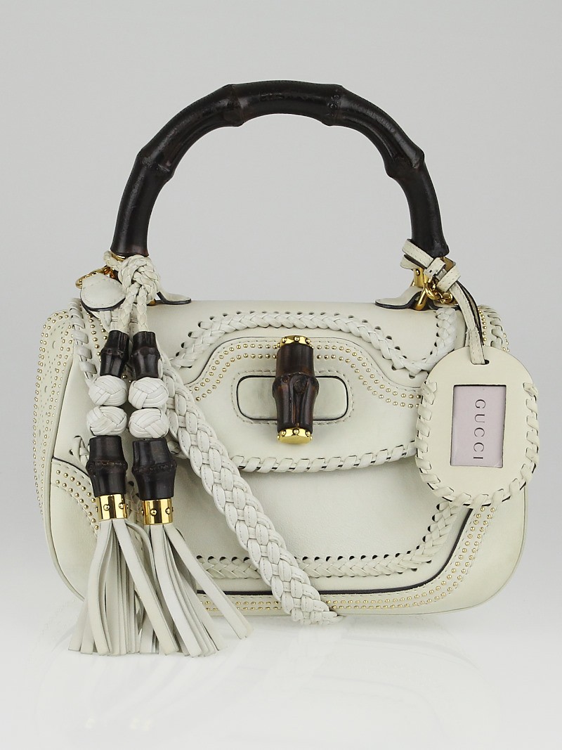 Gucci White Handstitched Leather New Bamboo Medium Top Handle Bag