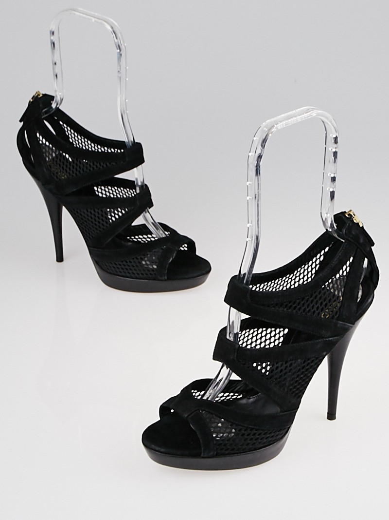 Fendi Black Suede and Mesh Cage Open-Toe Sandals Size 8.5 39