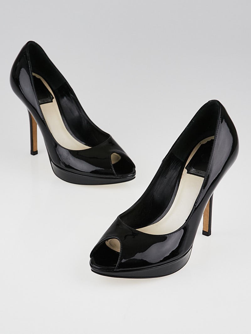 Christian Dior Black Patent Leather Miss Dior Peep-Toe Pumps Size 4.5 35