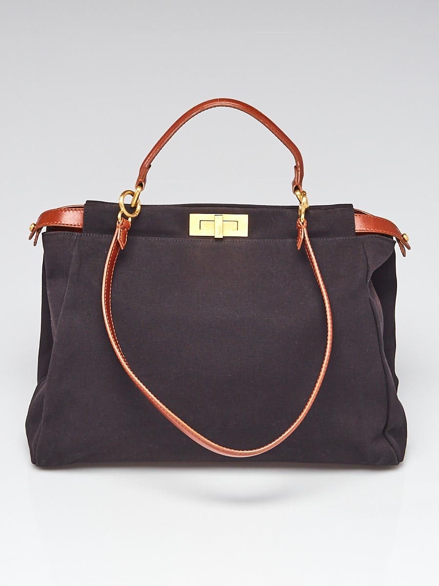 Fendi Black Canvas and Brown Leather Large Peekaboo Satchel Bag 8BN210