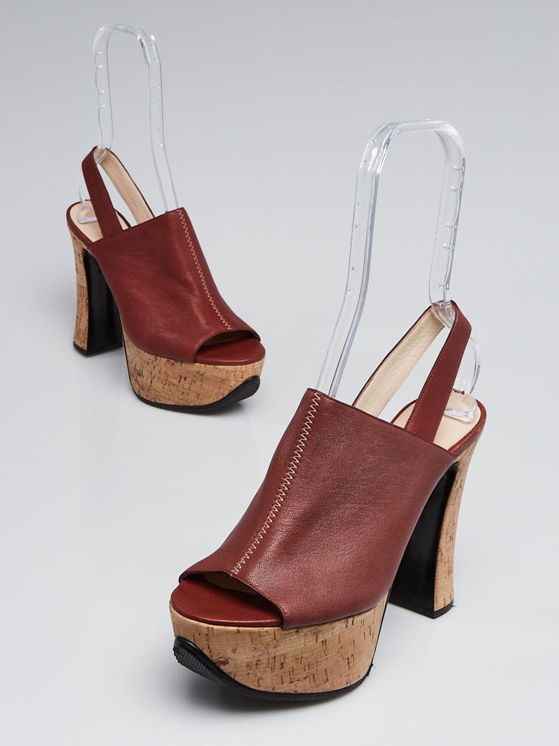 Chloe Brown Sheepskin Leather Platform Cork Slingbacks Size 9 39.5