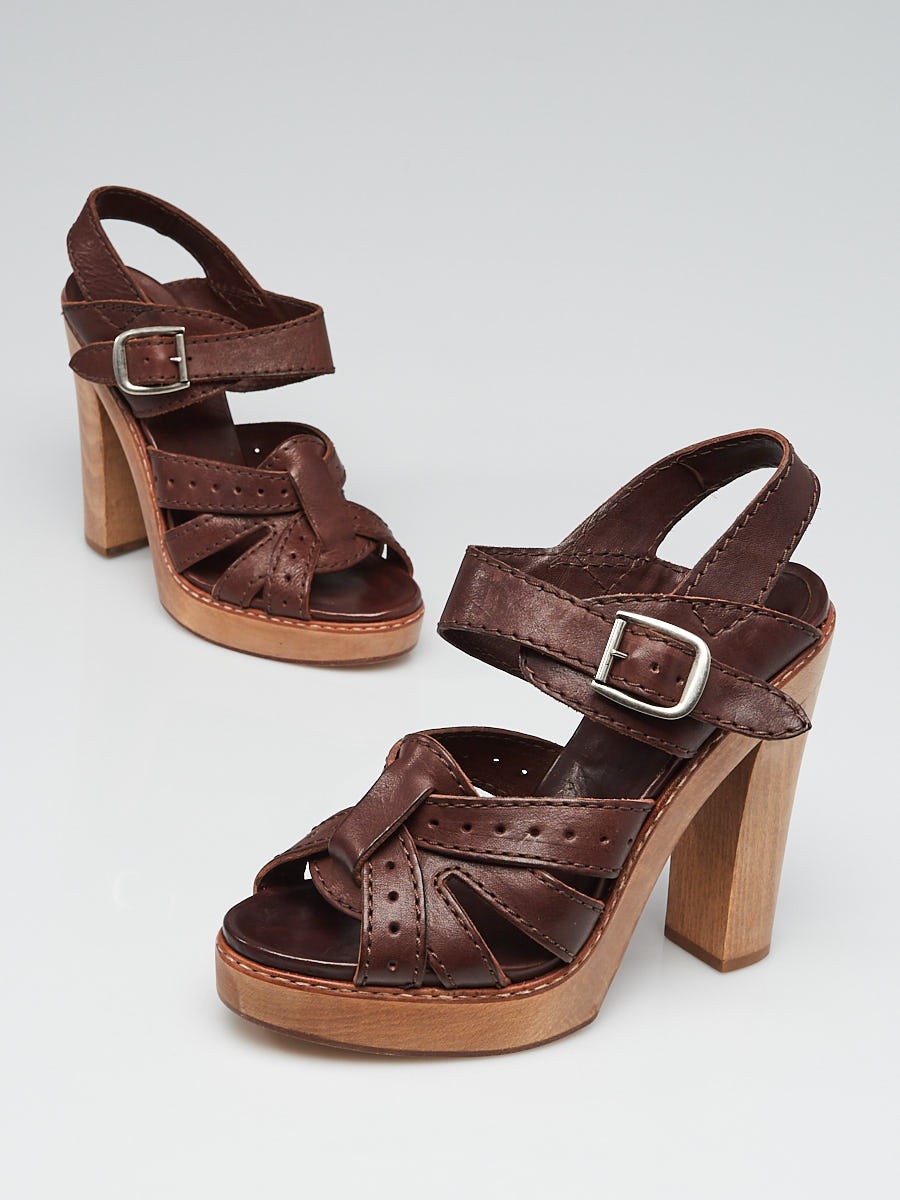 Chloe Brown Leather Strappy Platform Sandals Size 10.5 41