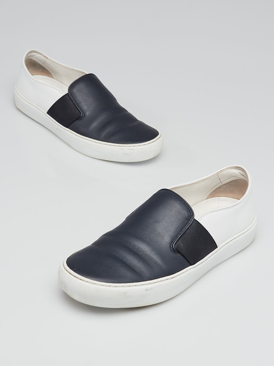 Chanel Navy Blue White Leather Slip-On Sneakers Size 6.5 37