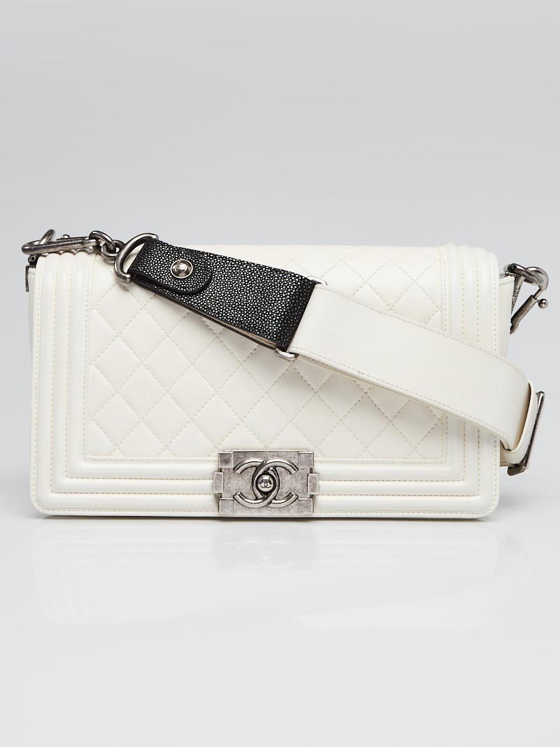 Chanel White Quilted Lambskin Leather and Sting Ray Strap Medium Boy Bag