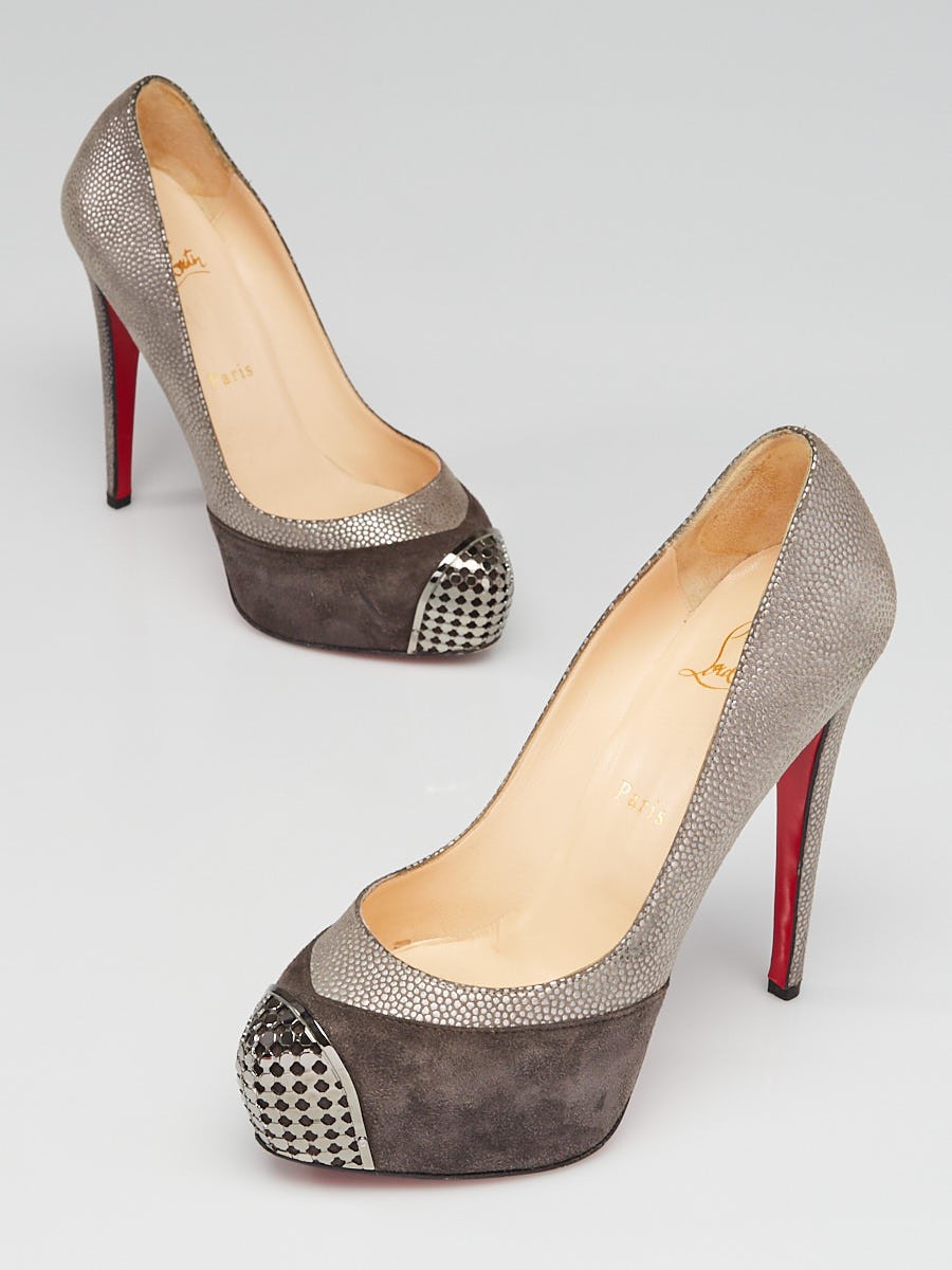 Christian Louboutin Grey Suede Leather and Steel-Toe Platform Maggie 140 Pumps Size 7 37.5