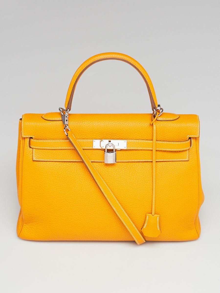 Hermes 35cm Bi-Color Jaune d'Or Bleu Sapphire Clemence Leather Palladium Plated Kelly Retourne Bag