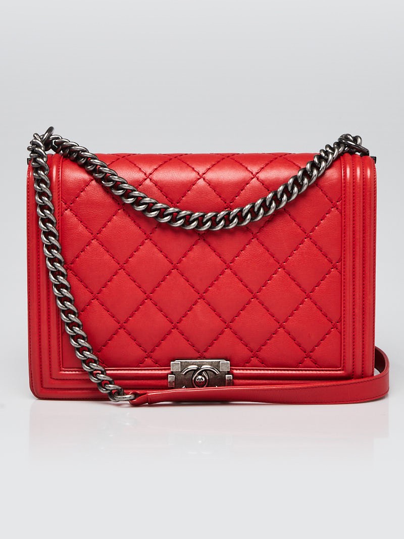 Chanel Red Diamond Stitch Calfskin Leather Large Boy Bag