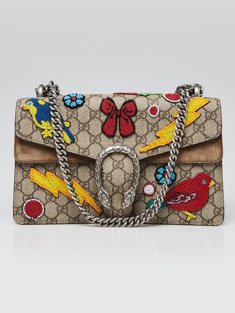 Gucci Beige Ebony GG Supreme Coated Canvas Beaded Dionysus Small Shoulder Bag