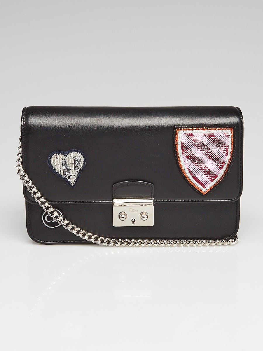 Christian Dior Black Lambskin Leather Miss Dior Large Promenade Heart Badge Wallet on Chain Bag