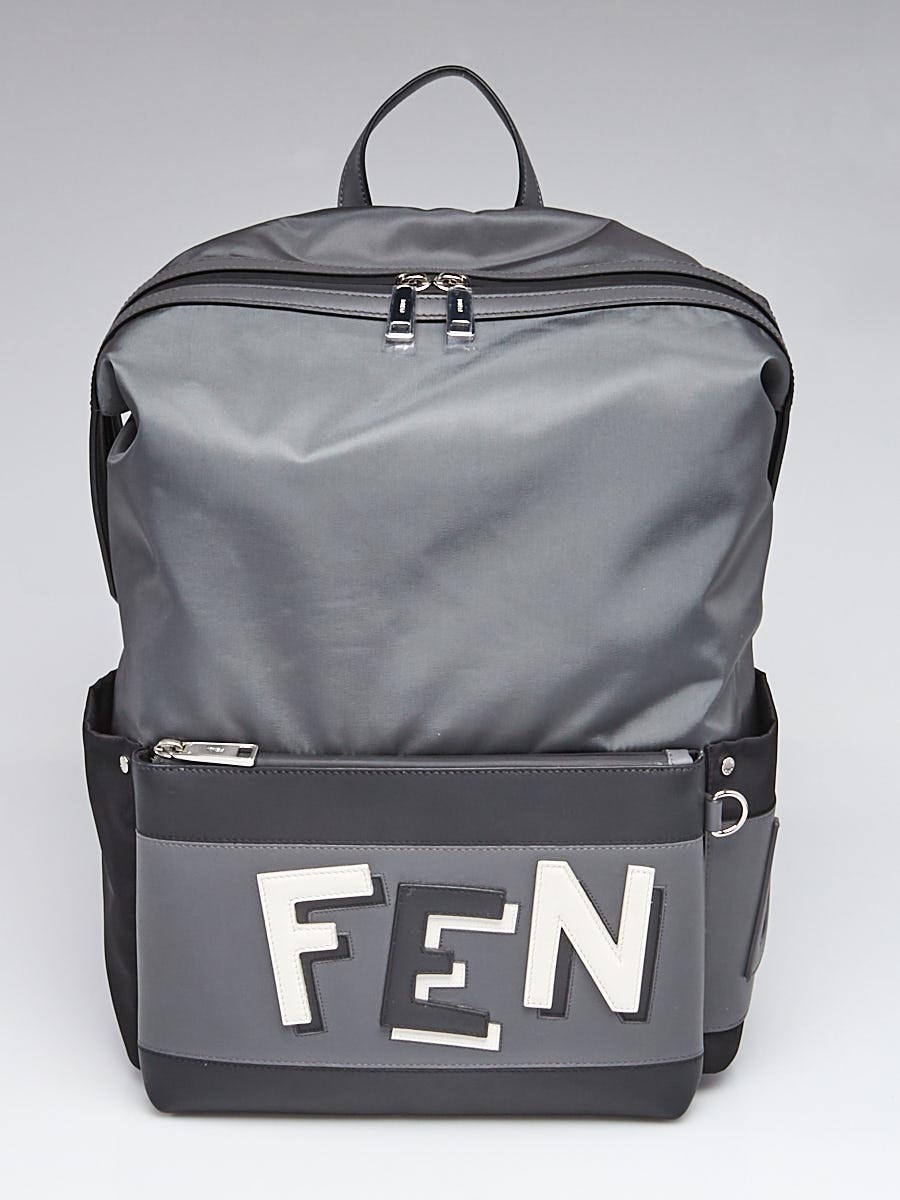 Fendi Grey Black Nylon Fabric Shadow Logo Backpack Bag 7VA367