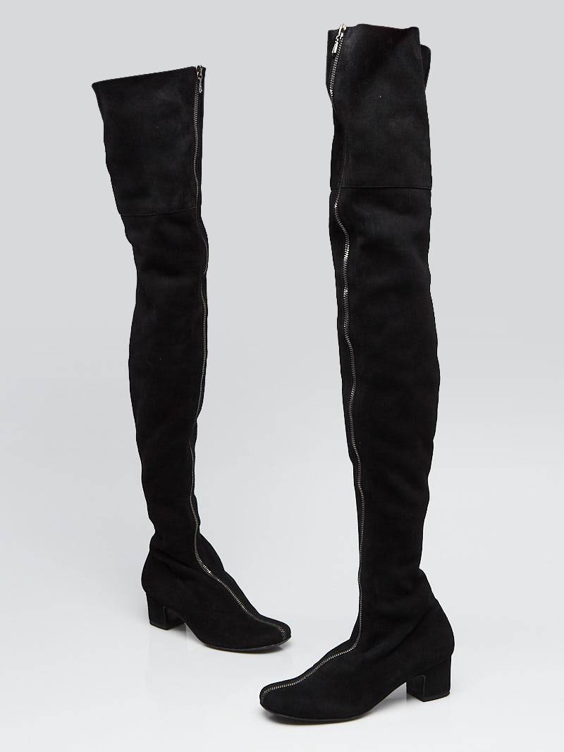 Chanel Black Suede Front Zip Over the Knee Boots Size 5 35.5