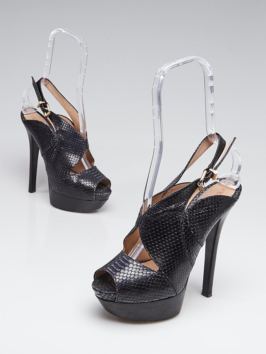 Fendi Black Snakeskin and Wooden Platform Peep-Toe Sandals Size 7.5 38