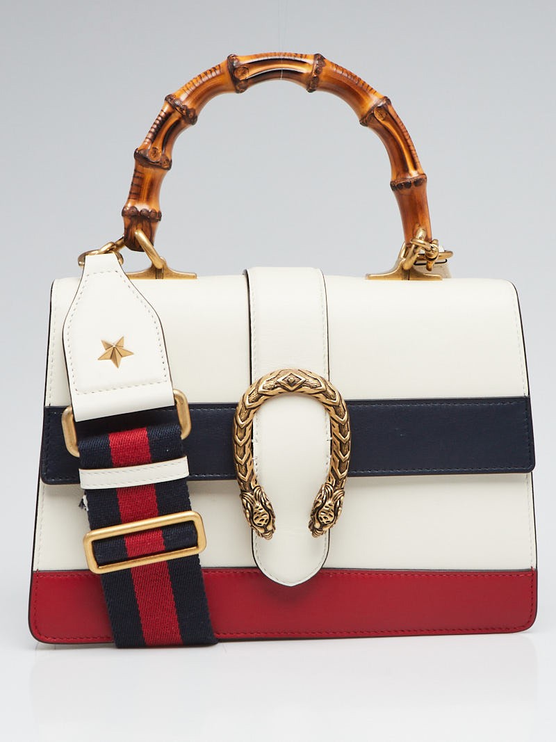 Gucci White Blue Red Striped Leather Dionysus Medium Top Handle Bag
