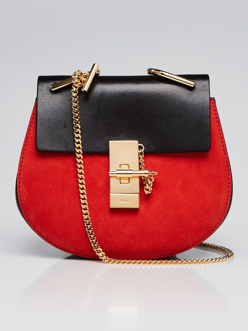 Chloe Plaid Red Black Suede and Lambskin Leather Mini Drew Bag