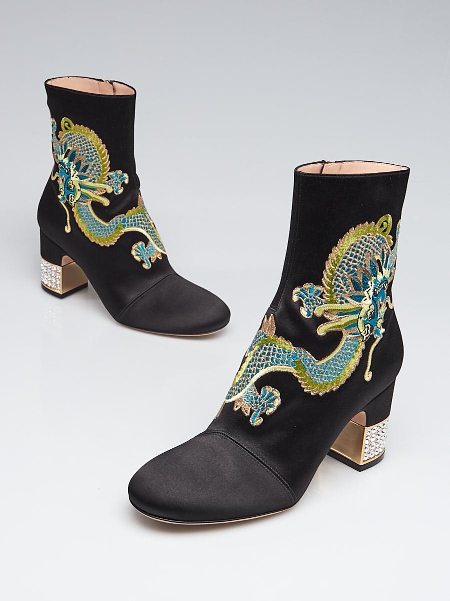 Gucci Black Satin Candy Embroidered Dragon Ankle Boots Size 4.5 35