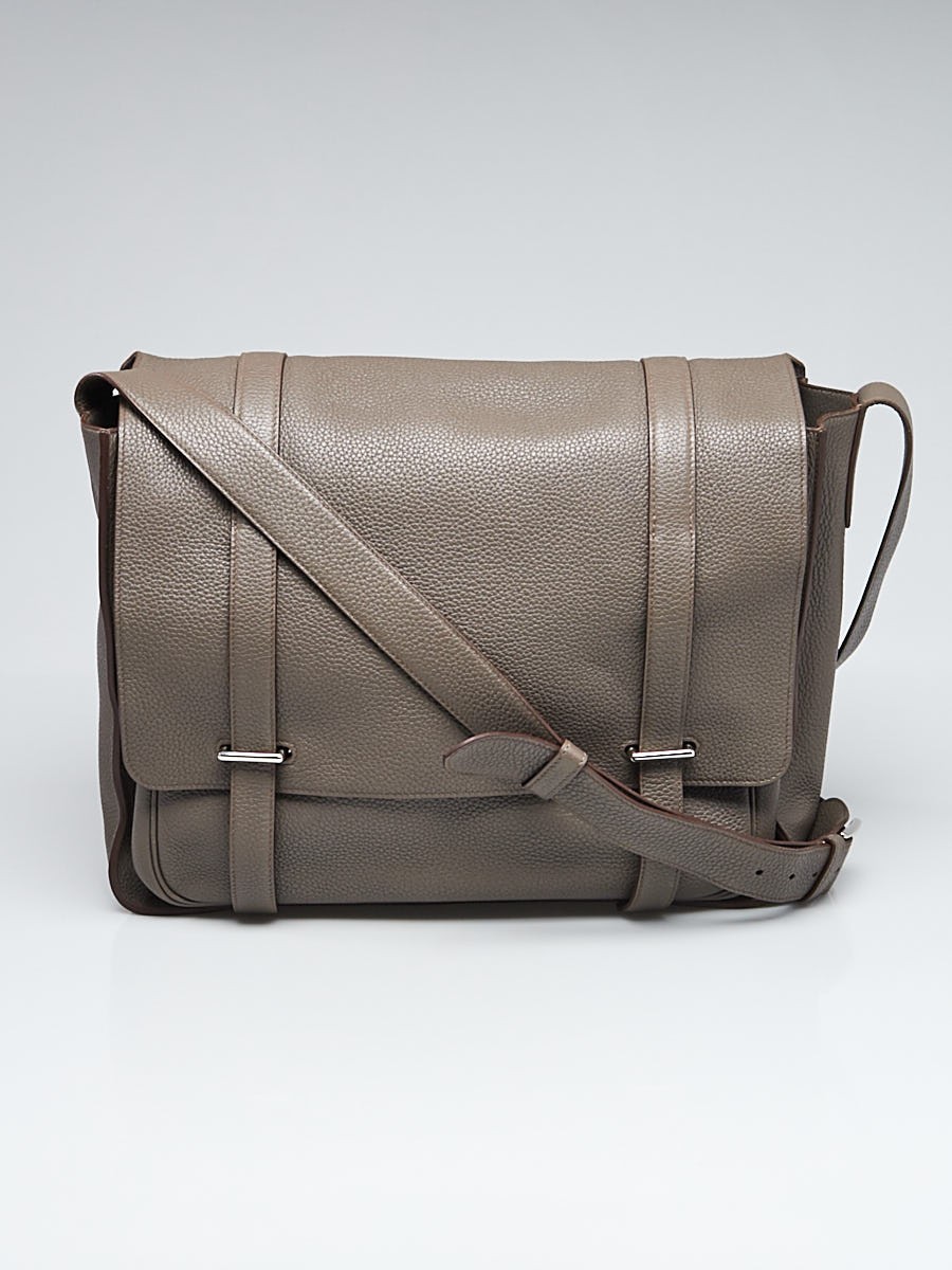Hermes 35cm Taupe Grey Clemence Leather Palladium Plated Steve Messenger Bag