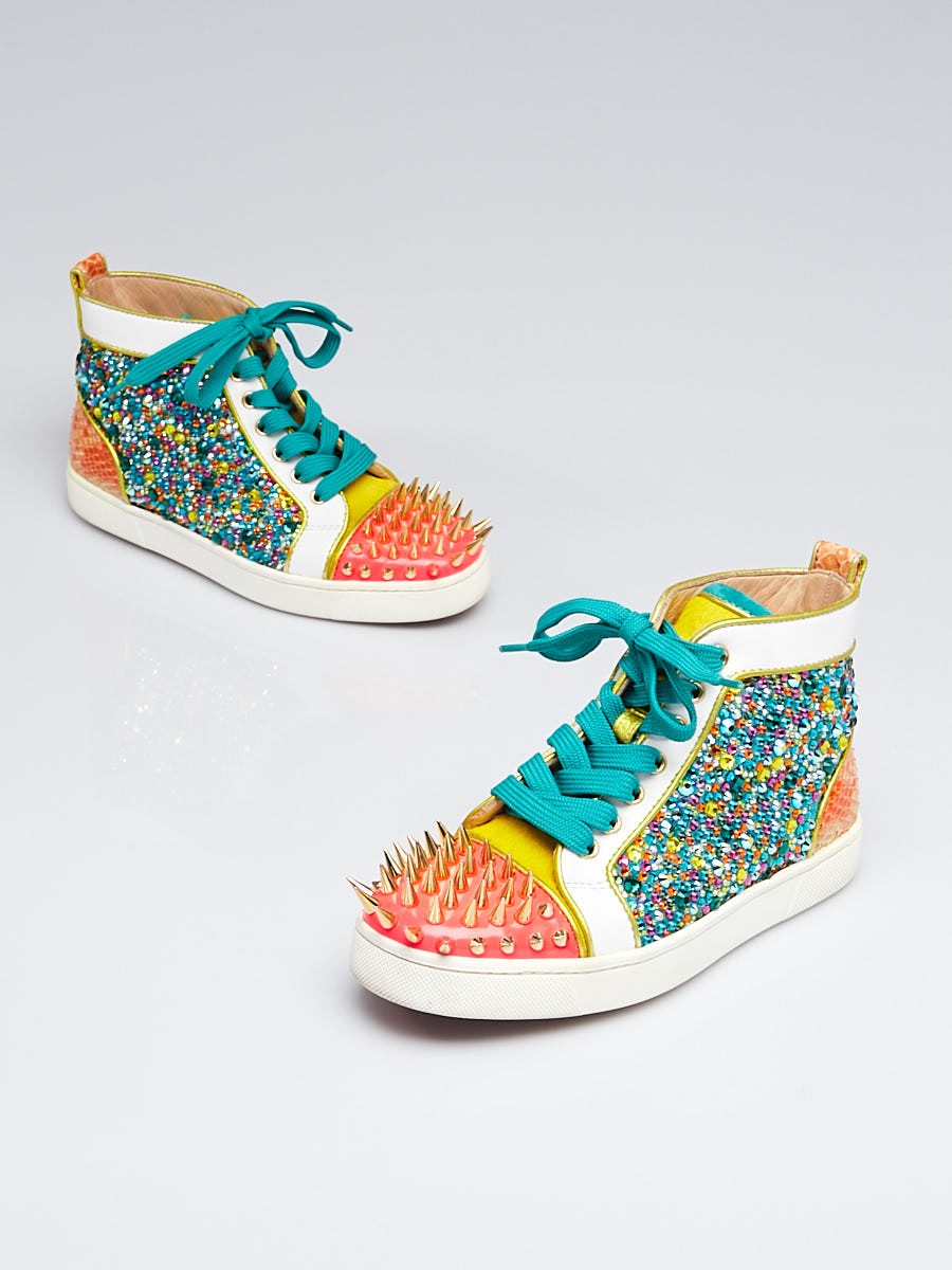 Christian Louboutin Multicolor Leather Pony Hair Snakeskin High Top No Limit Sneakers Size 6.5 37