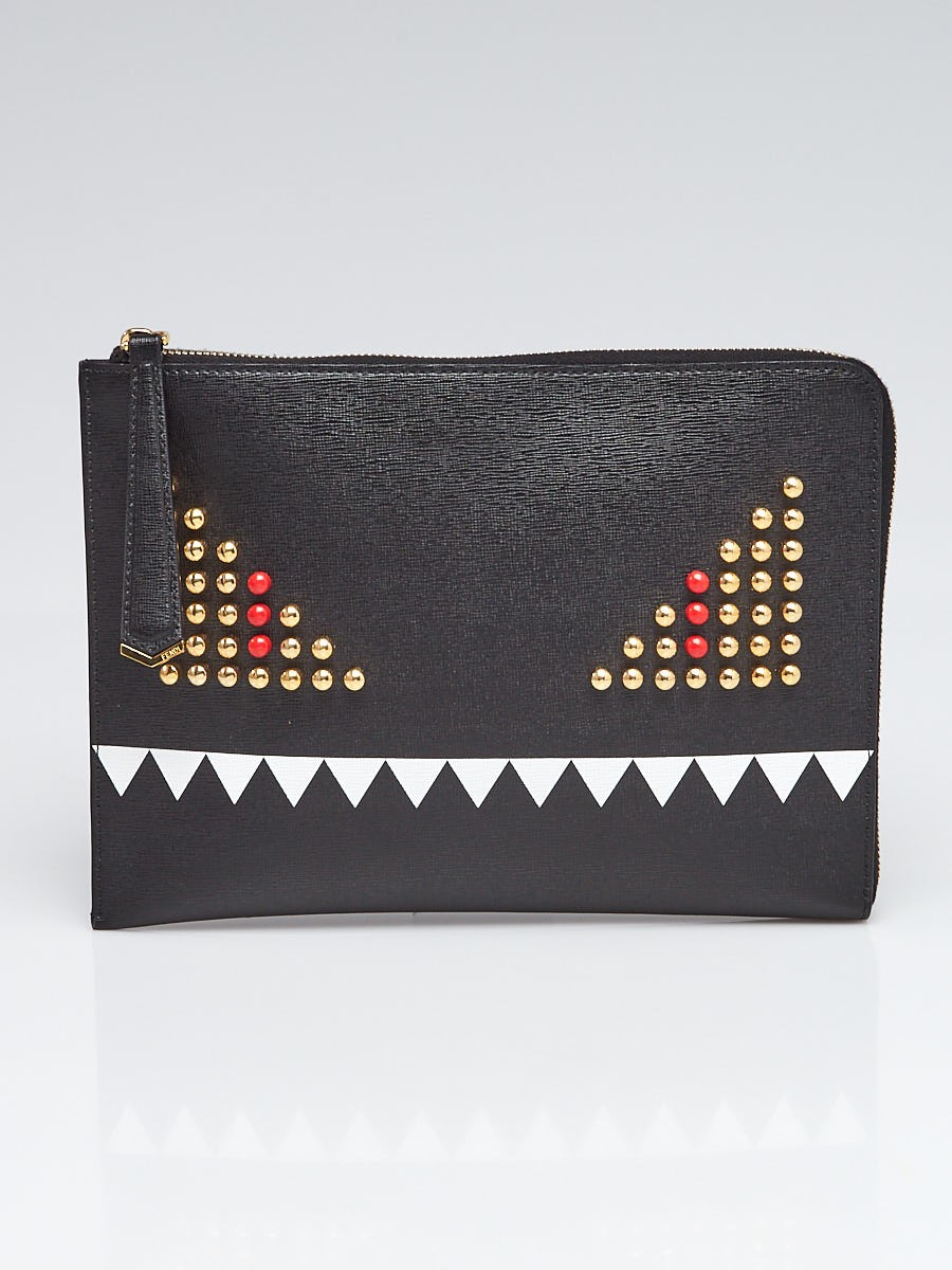 Fendi Black Saffiano Leather Monster Clutch Bag 8M0363