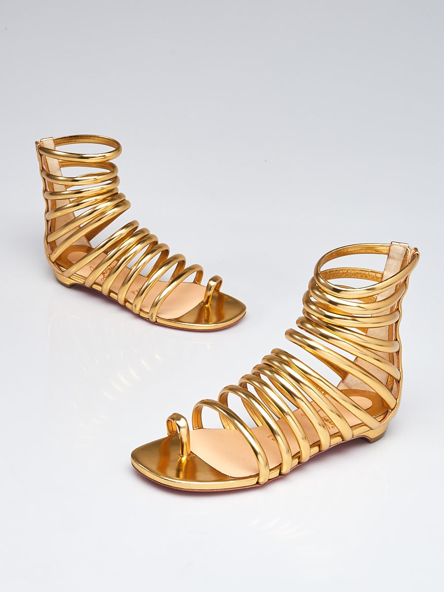 Christian Louboutin Gold Leather Catchetta Gladiator Flat Sandals Size 5 35.5
