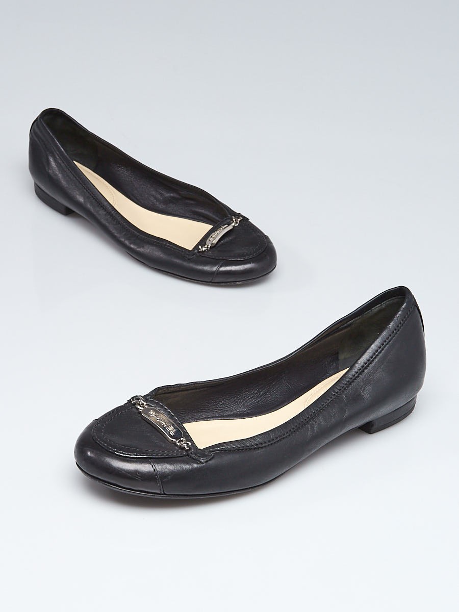 Chanel Black Leather Name Plate Flats Size 7 37.5