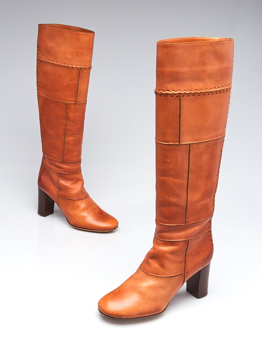 Chloe Tan Leather Patchwork Knee-High Boots Size 6 36.5