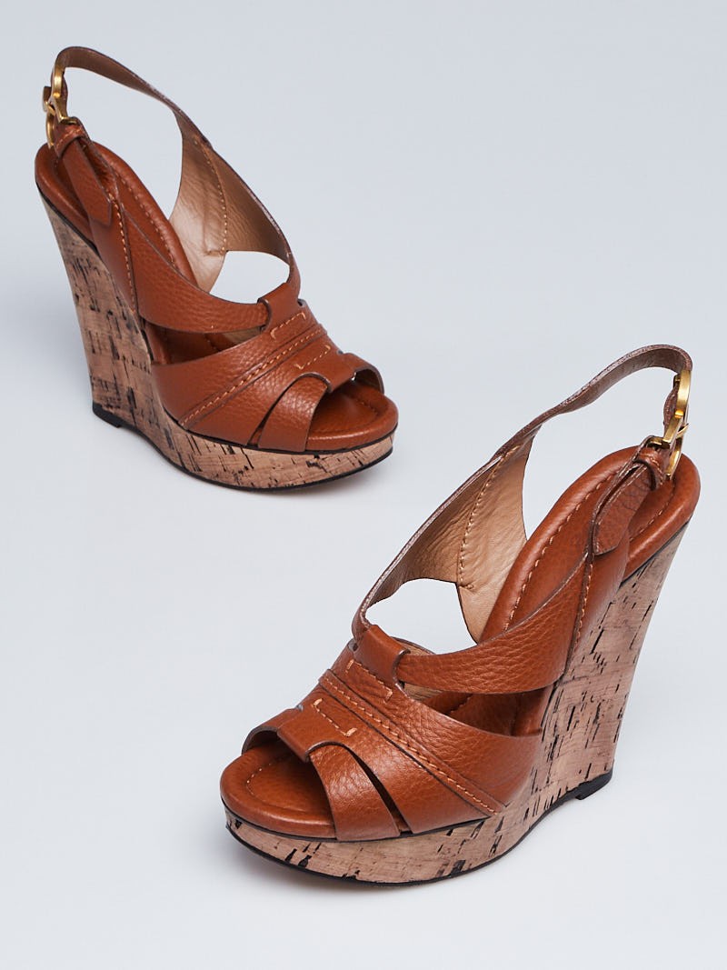 Chloe Brown Pebbled Leather Elah Platform Cork Wedges Size 5.5 36