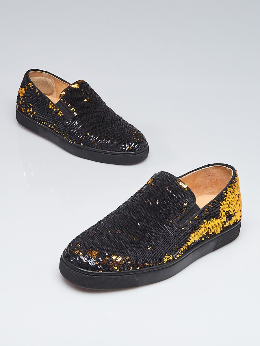 Christian Louboutin Black Gold Sequin Boat Slip-On Sneakers Size 6.5 37