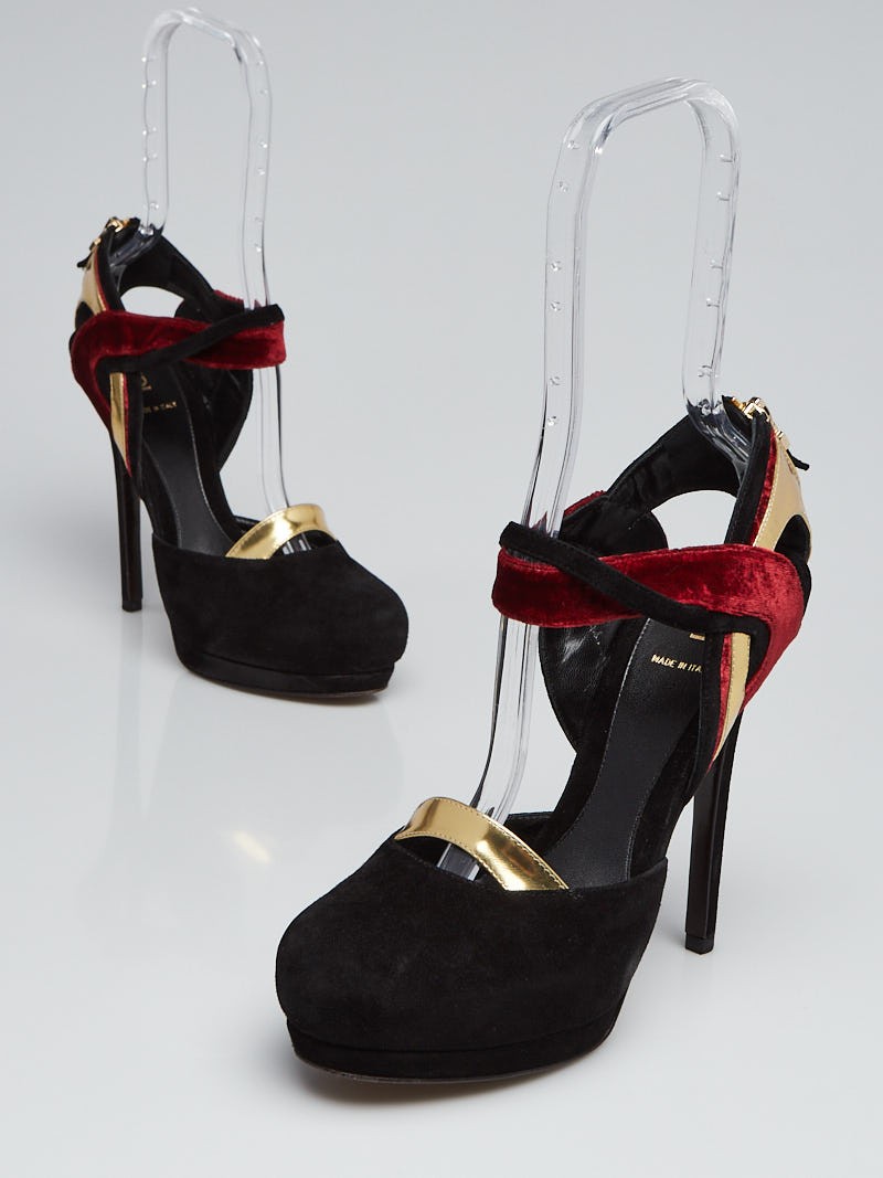 Fendi Black Red Gold Suede Leather Platform Pumps Size 7.5 38