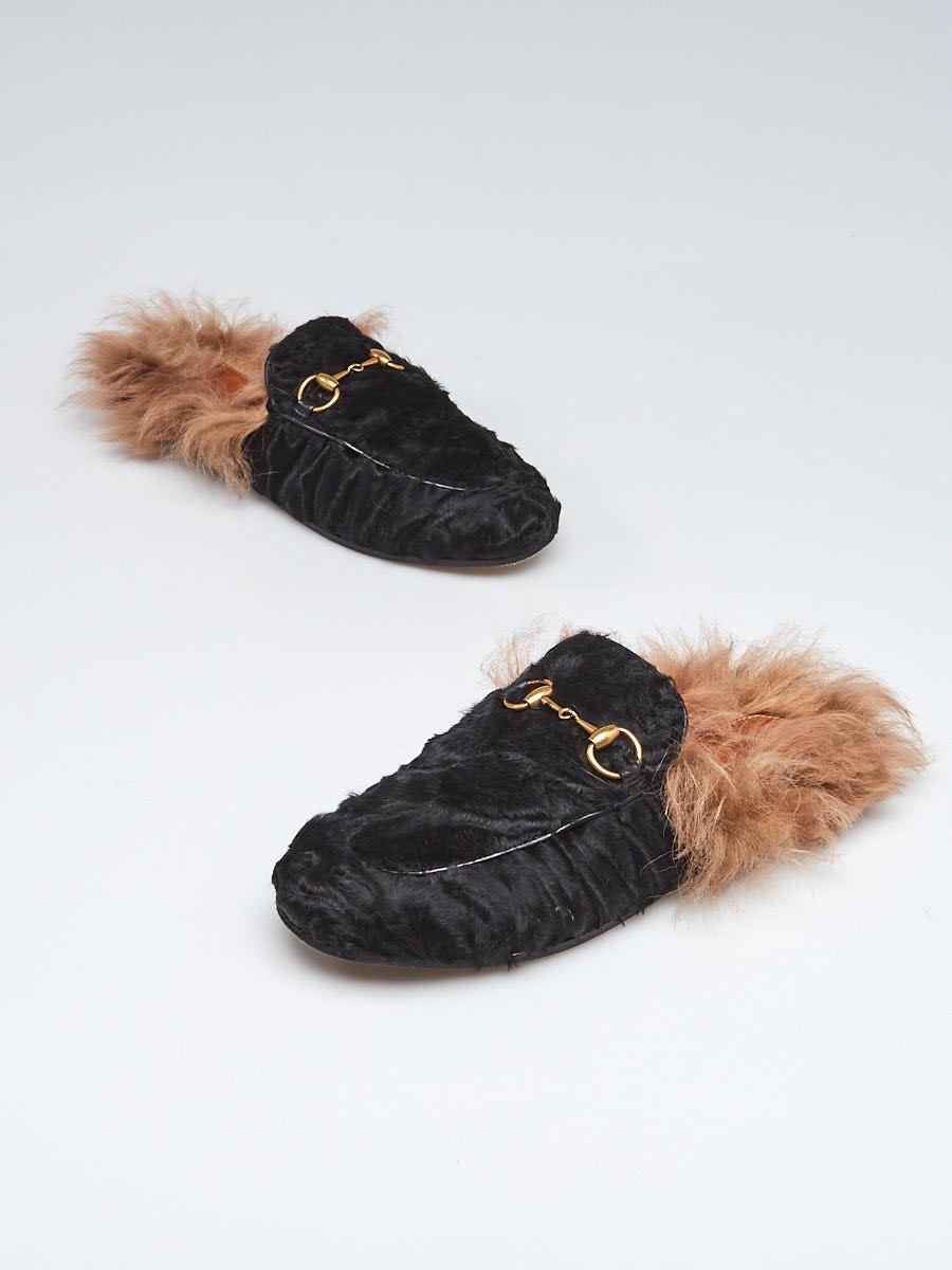 Gucci Black Shearling and Fur Princetown Mule Flats Size 4.5 35
