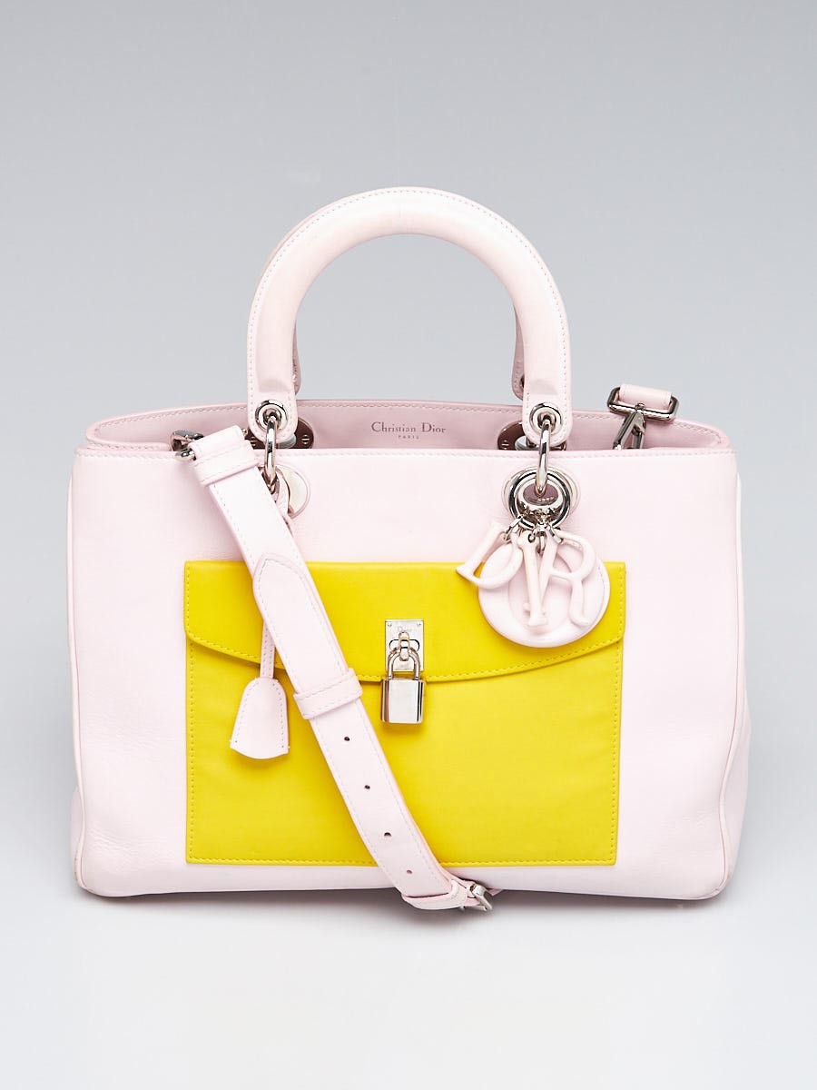 Christian Dior Light Pink Yellow Leather Lady Dior Front Pocket Tote Bag