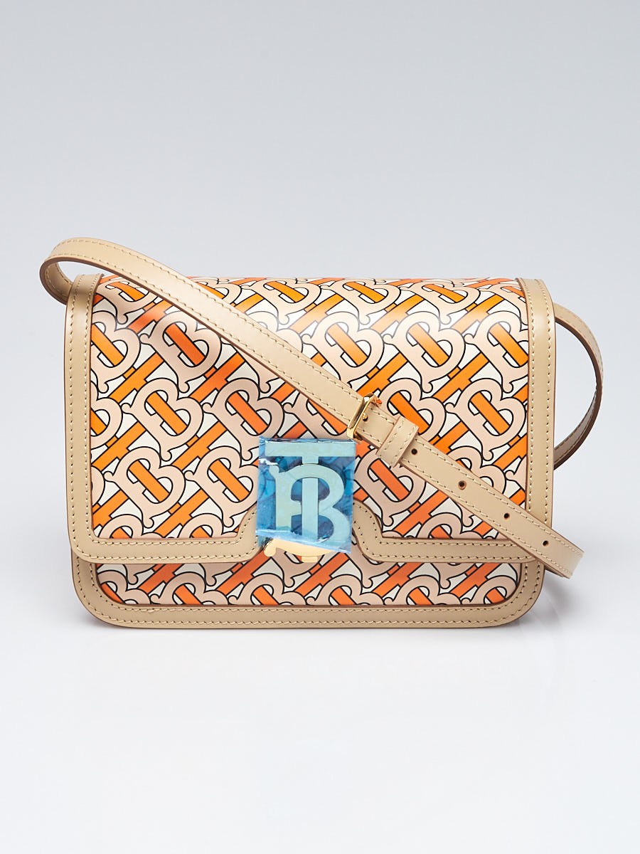 Burberry Bright Orange Beige Leather TB Monogram Small Shoulder Bag