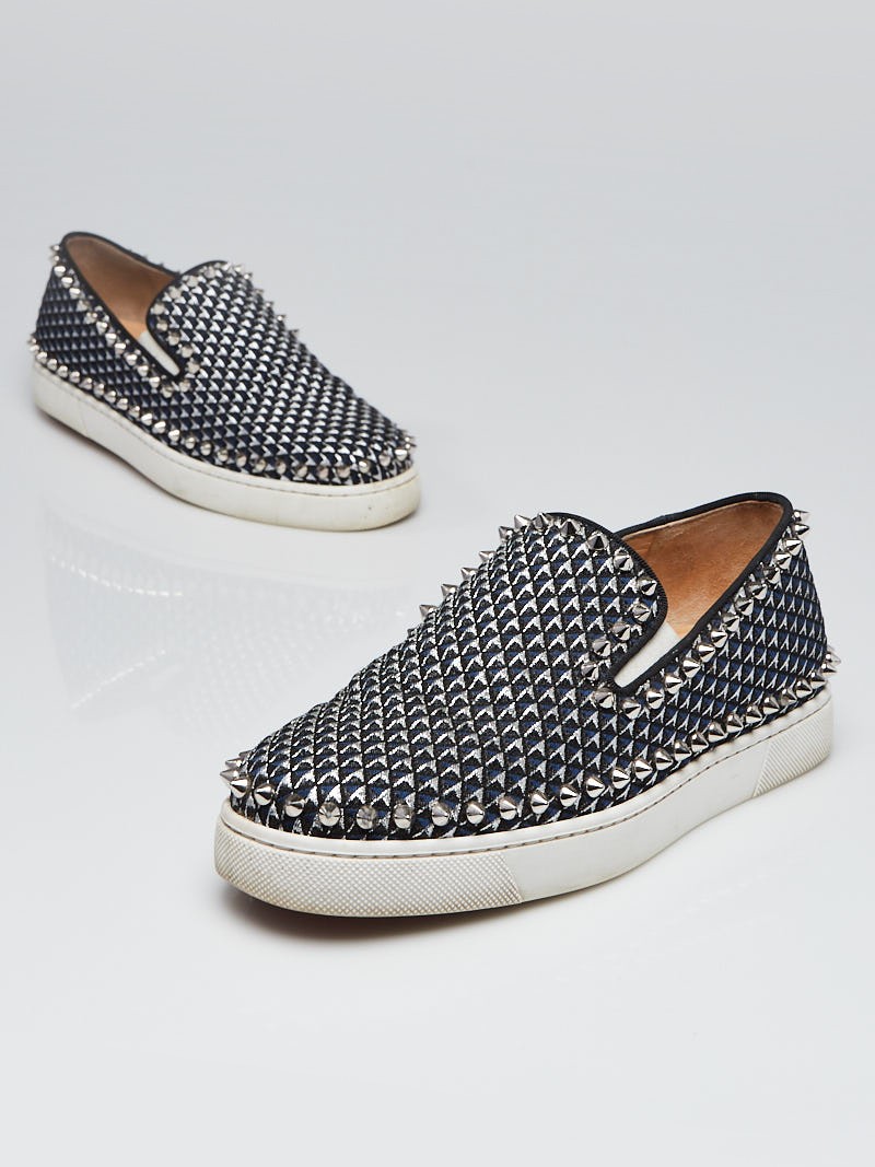 Christian Louboutin Blue Black Silver Fabric Spiked Flat Boat Shoes Size 6 36.5