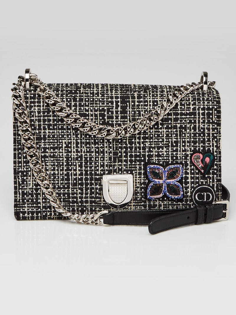 Christian Dior Black White Tweed Embellished Diorama Medium Flap Bag