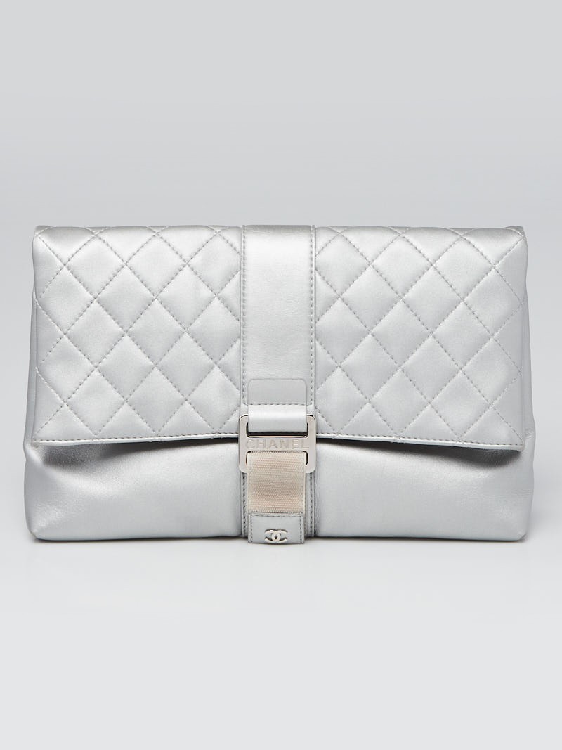 Chanel Silver Quilted Lambskin Leather Grip Clutch Bag