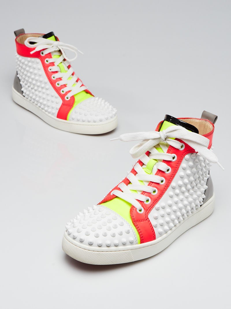 Christian Louboutin Fluo White Leather Spikes Louis High-Top Sneakers Size 6.5 37