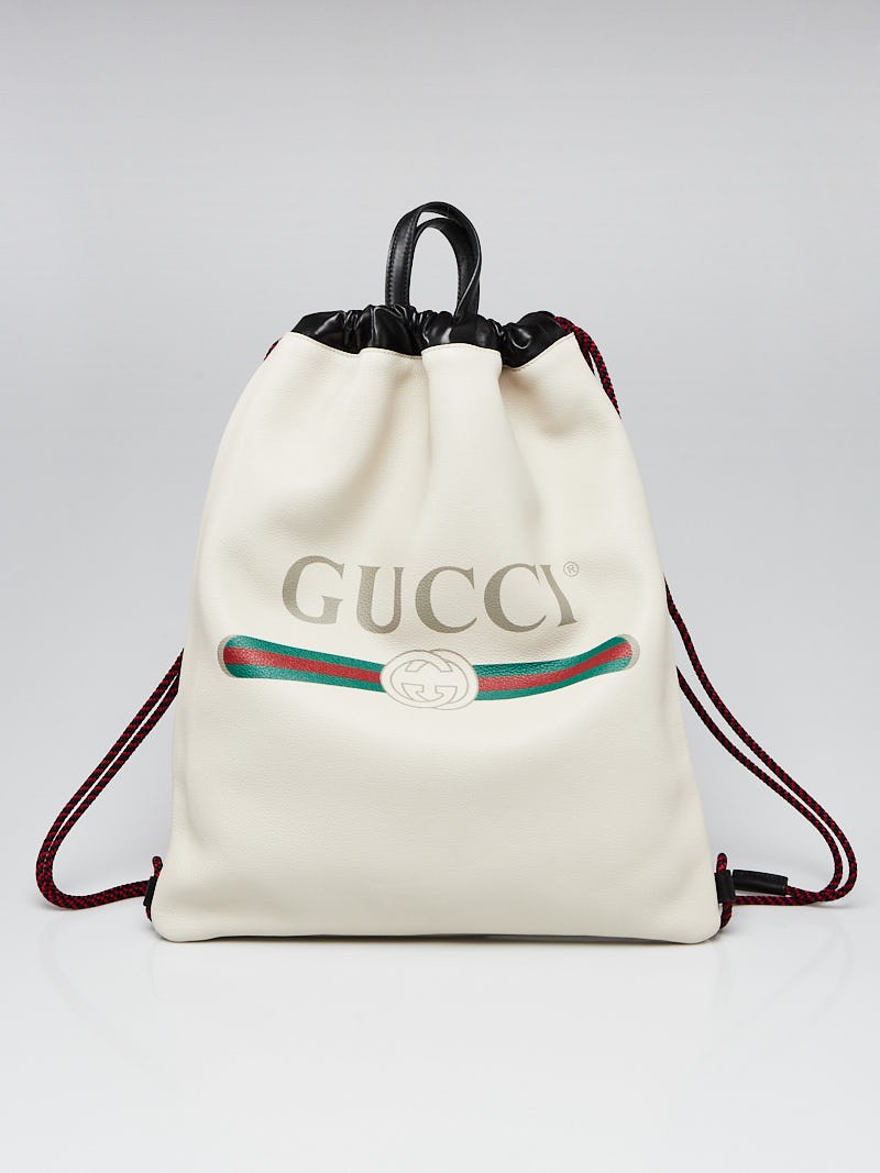 Gucci White Black Leather Printed Drawstring Backpack