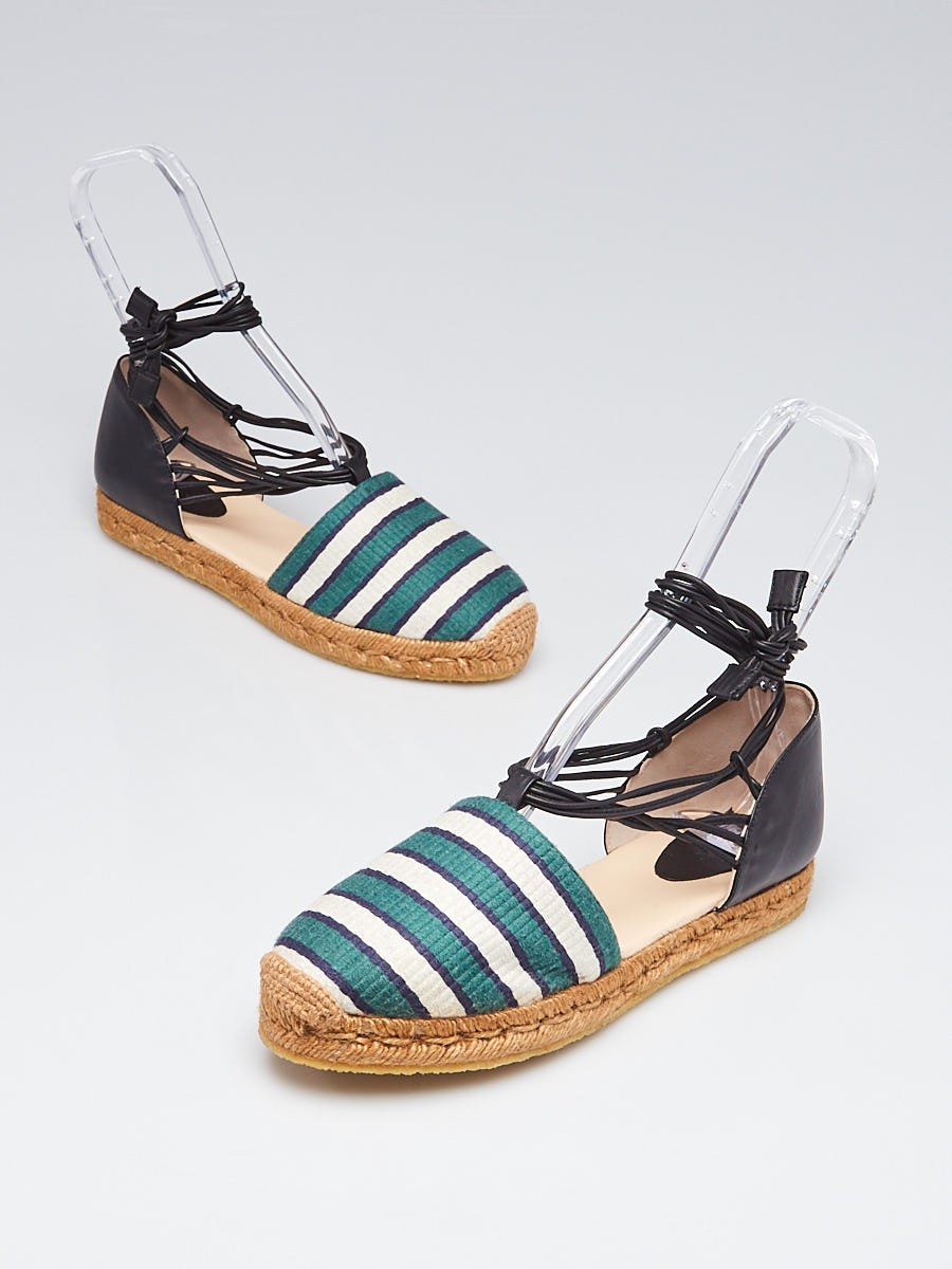 Chloe Green White Striped Canvas Espadrille Ankle Wrap Flats Size 8.5 39
