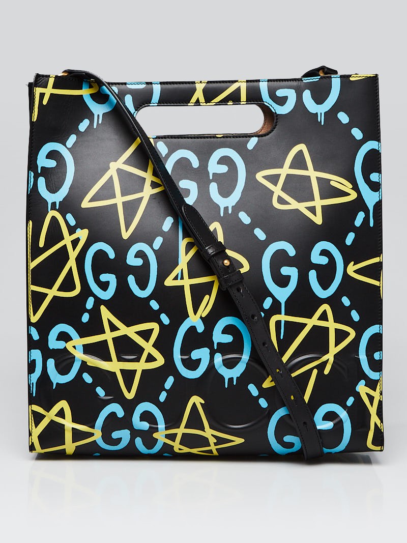 Gucci Black Multicolor GucciGhost Calfskin Print Leather Two-Way  XL Tote Bag