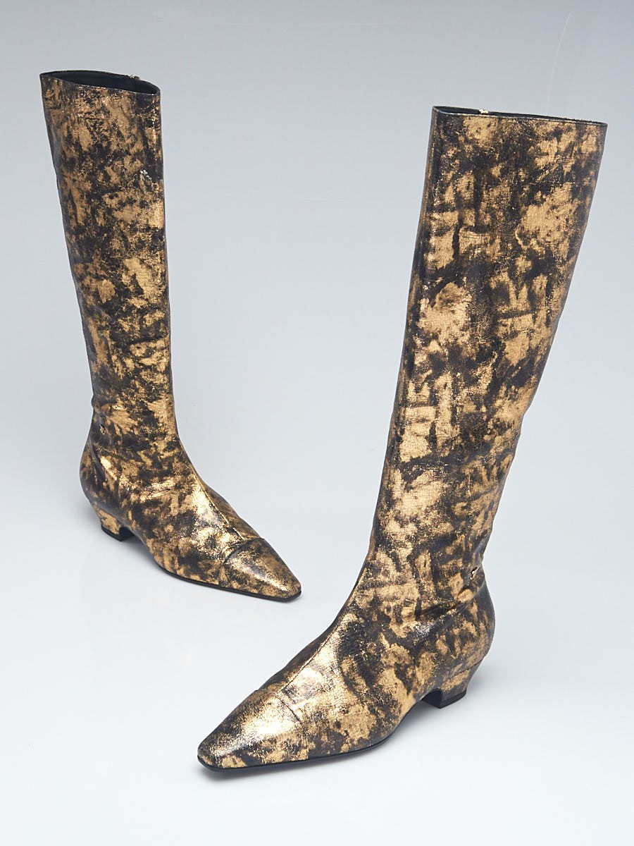 Chanel Gold Laminated Chevre Leather High Boots Size 8.5 39