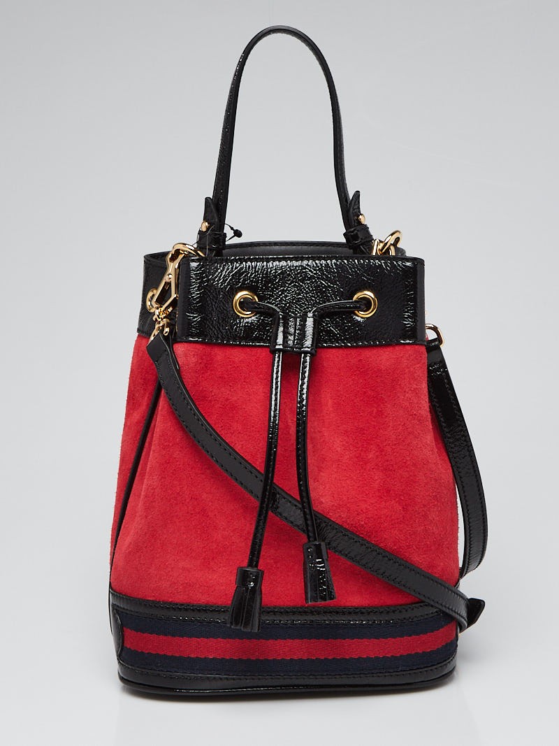Gucci Red Suede Black Patent Leather Ophidia Small Bucket Bag