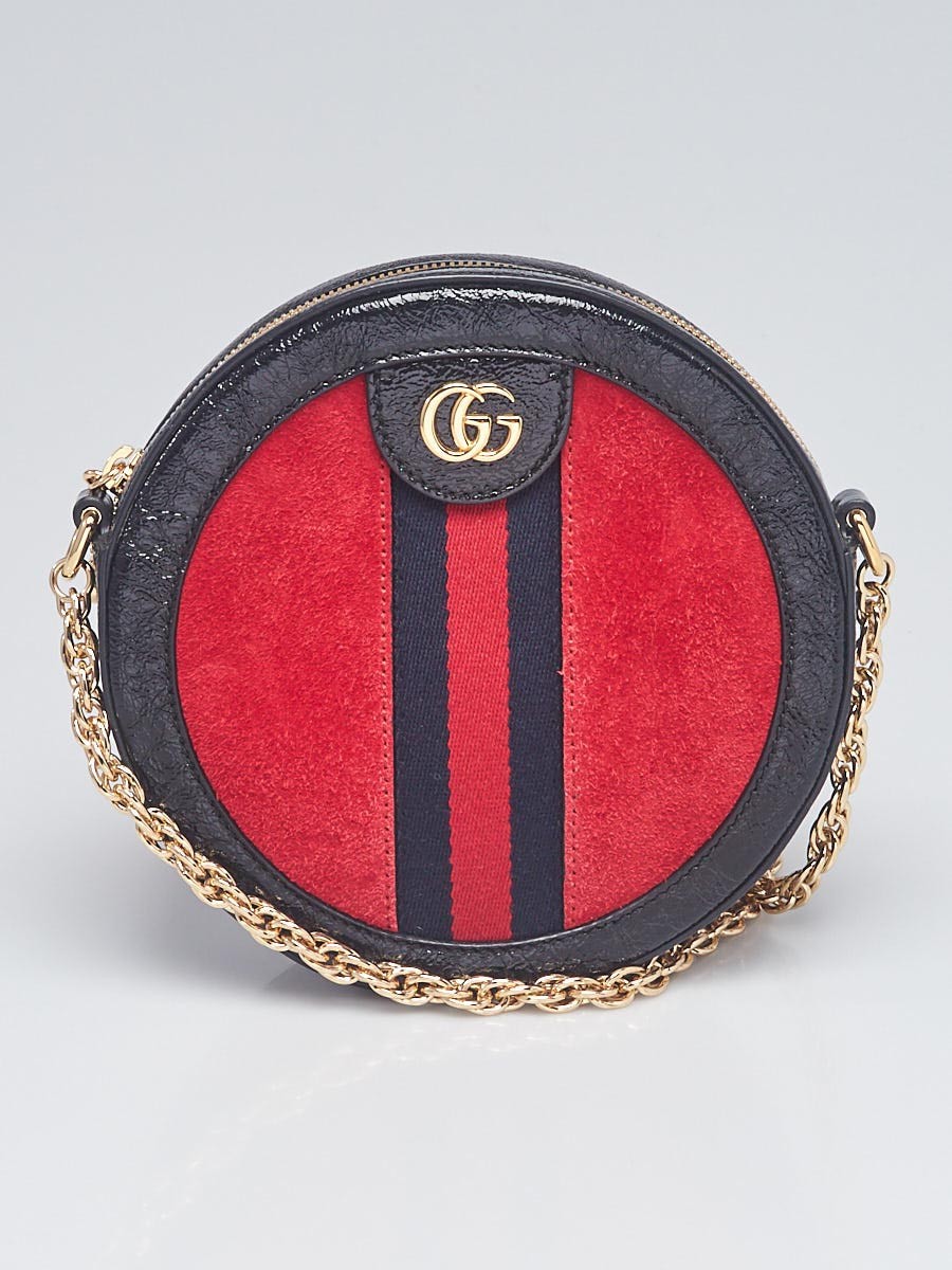 Gucci Red Suede Patent Leather Ophidia Mini Circle Camera Bag