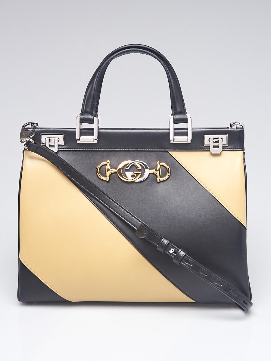 Gucci Black Beige Leather Zumi Medium Tote Bag