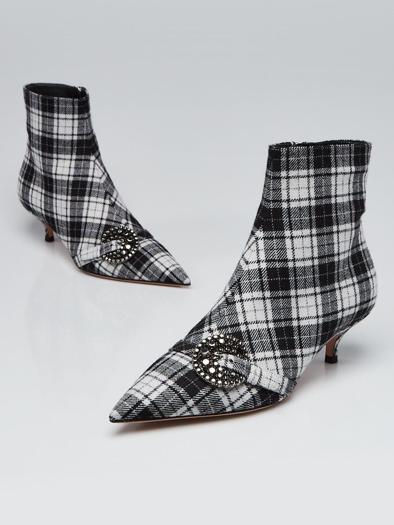 Christian Dior Black White Plaid Wood Ankle Boots Size 6.5 37