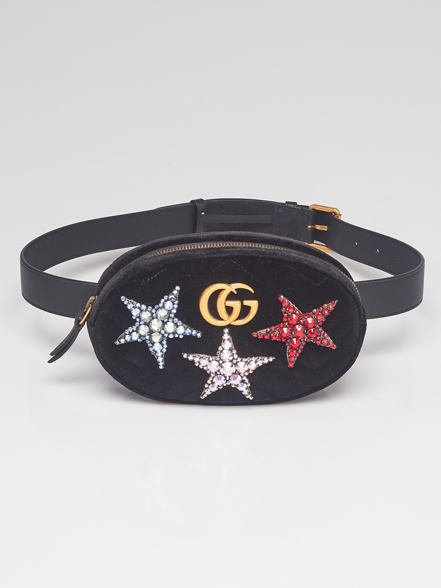 Gucci Black Quilted Velvet Marmont Crystal Stars Belt Bag Size 85 34
