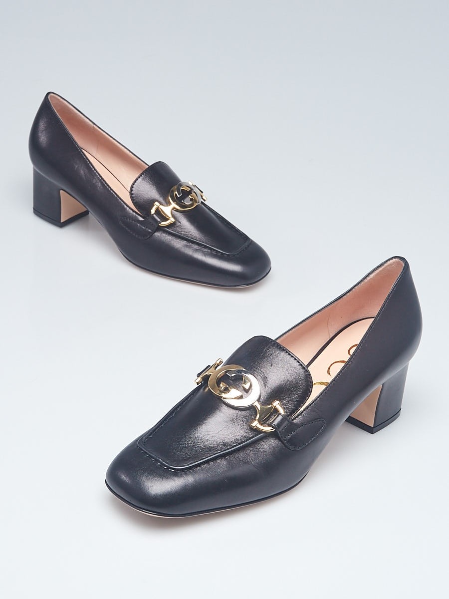 Gucci Black Leather Zumi Mid-Heel Loafers Size 7.5 38